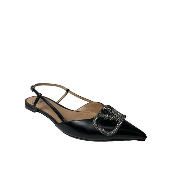 VALENTINO Black Leather VLOGO Crystal Studded Pointed Singback Ballet Flats 37.5